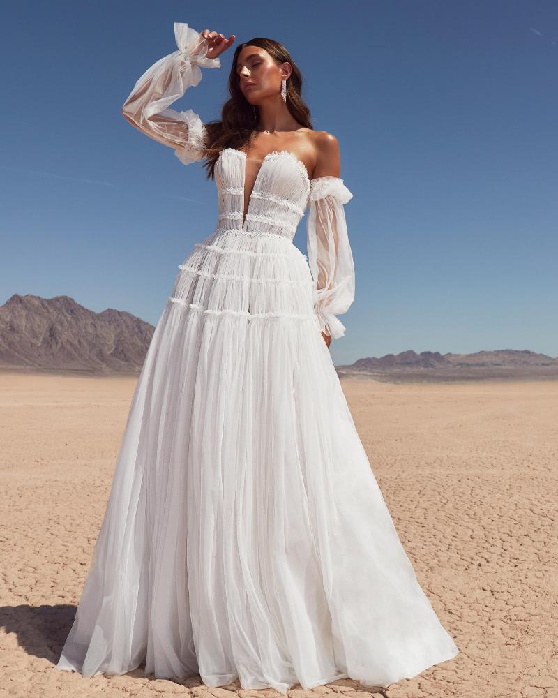 Lp2411 beach boho wedding dress with plunging neckline and tulle a line silhouette1